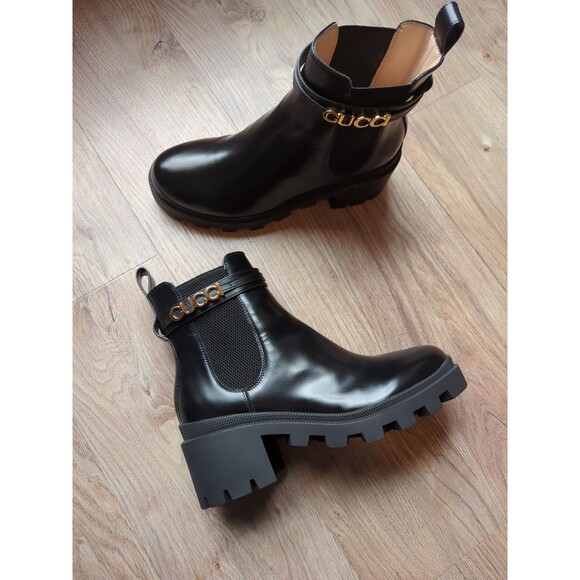 Gucci Trip Signature Logo Leather Chelsea Combat Ankle Heeled Boots Womens 38 - Picture 4 of 16
